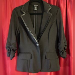 Black Black Faux-Leather Trim 3/4 scrunch sleeves One button Feminine